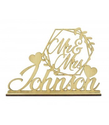 Laser Cut Oak Veneer Personalised 'Mr & Mrs' Wedding Sign on a stand - Hexagon Leaf Frame Design